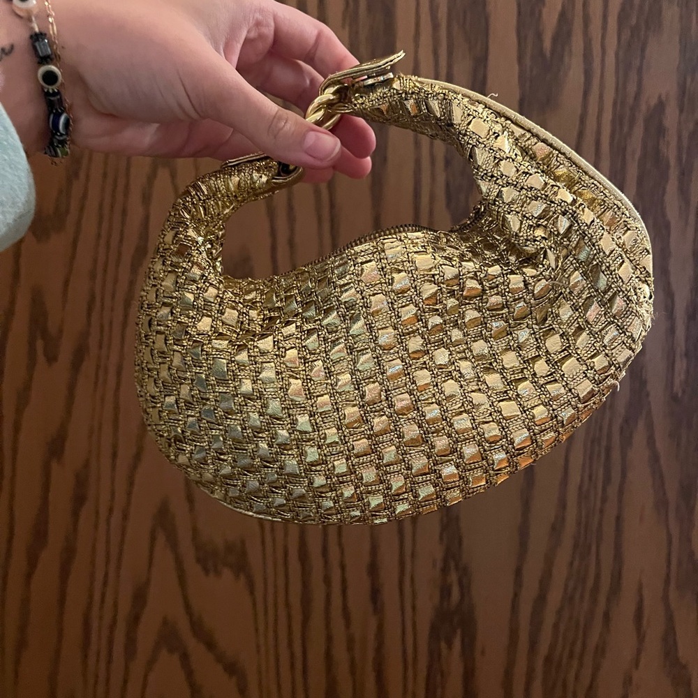 Gold Woven Shoulder Bag - Elegant Evening Carry